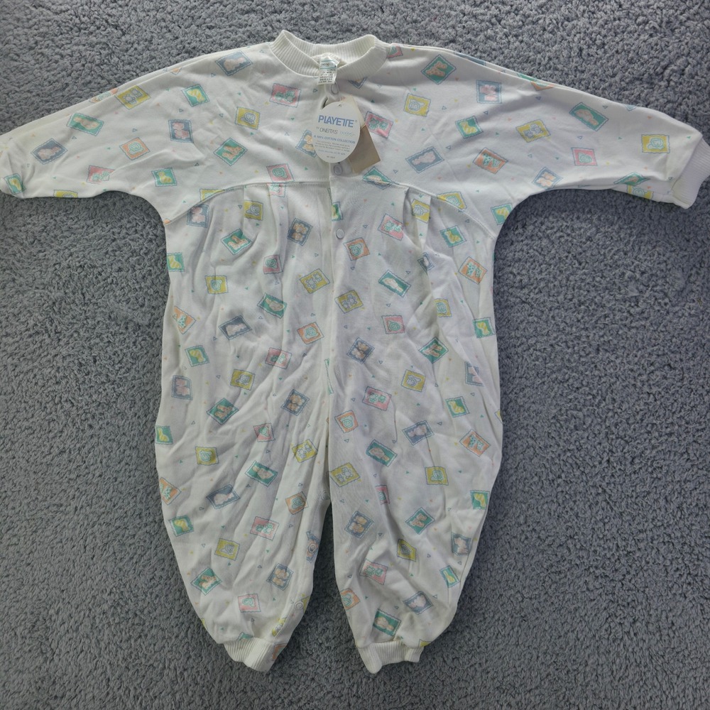 Vintage Oneita Playette Baby Romper 24M White Pastel Animal Stamp NWT USA Made